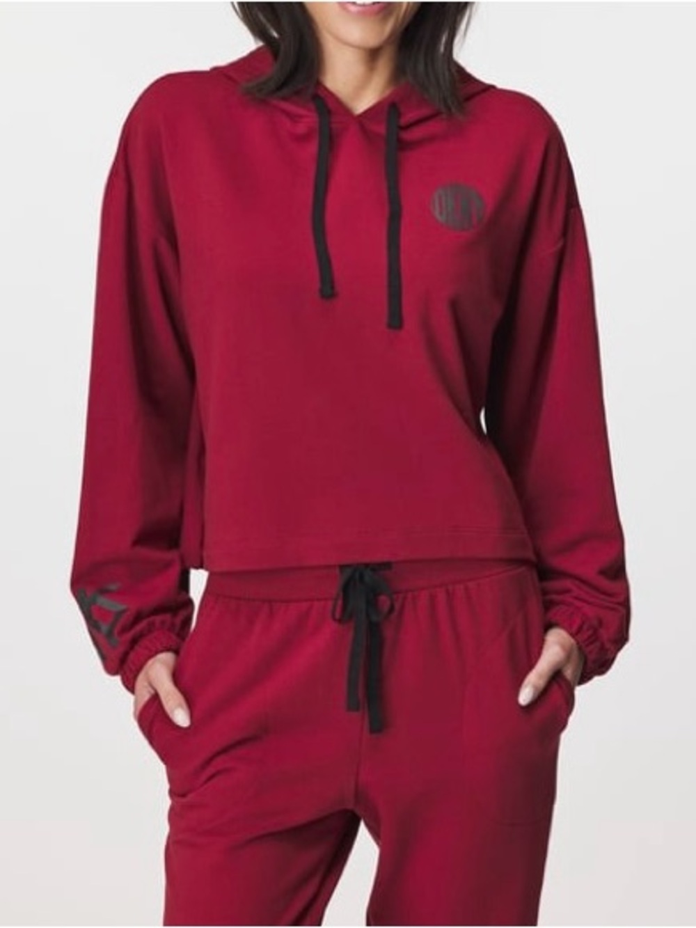 DKNY || City Vibes Cropped Logo Hoodie Pullover in Red/Black - SZ XL